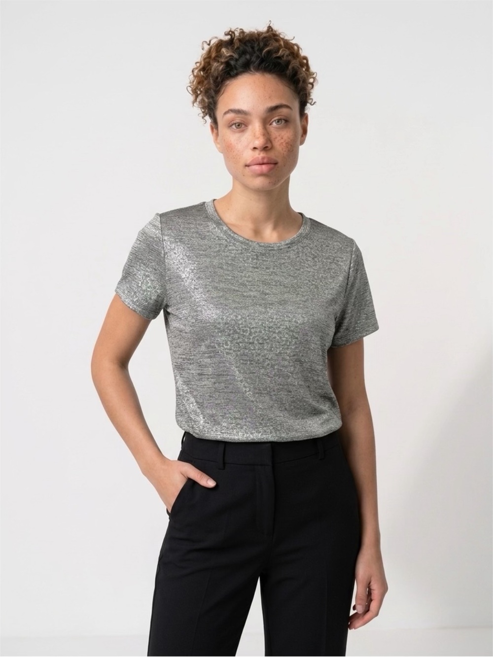 White House Black Market Metallic Silver Cheetah Print Short-Sleeve Tee | Size S